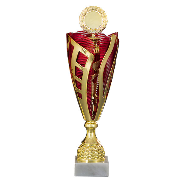 Pokal Jena, gold/rot, 3 Größen, mit Logo oder Sportmotiv