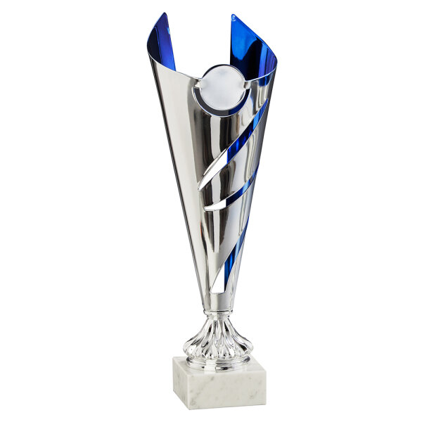 Pokal Grace, silber/blau, 3 Größen, mit Logo oder Sportmotiv