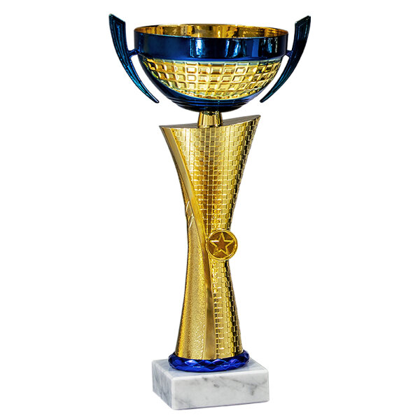 Pokal Gerda, gold/blau, 4 Größen, mit Logo oder Sportmotiv
