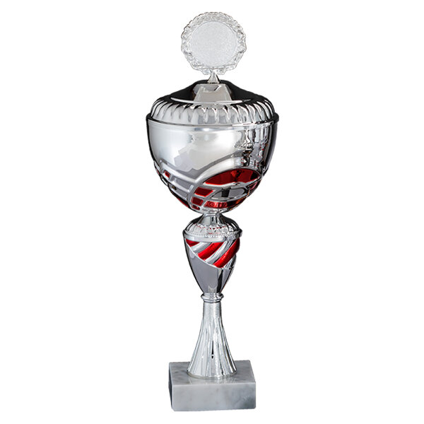 Pokal Electra, silber/rot, 6 Größen, mit Logo oder Sportmotiv