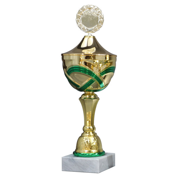 Pokal Lynette, gold/grün, 10 Größen, mit Logo oder Sportmotiv