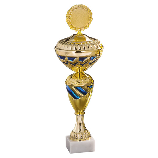Pokal Reeva, gold/blau, 6 Größen, mit Logo oder Sportmotiv