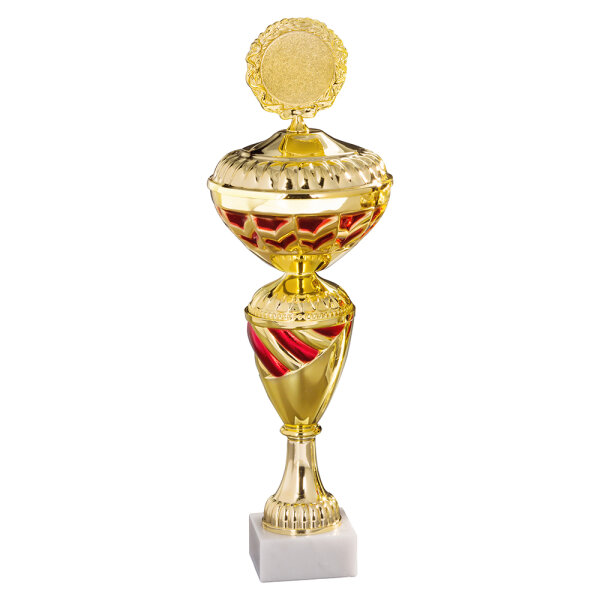 Pokal Brigitta, gold/rot, 6 Größen, mit Logo oder Sportmotiv