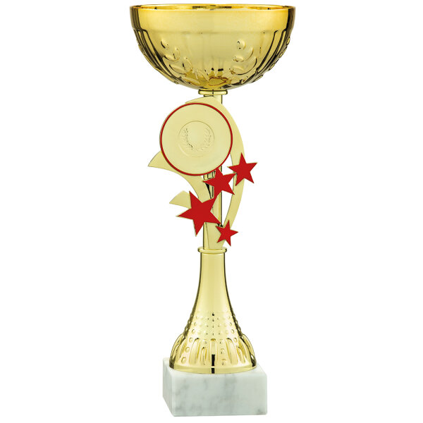Pokal Malio, gold/rot, 5 Größen, mit Logo oder Sportmotiv