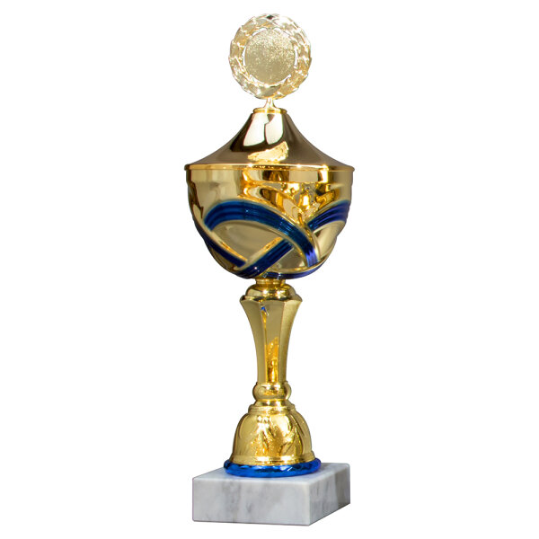 Pokal Varia, gold/blau, 10 Größen, mit Logo oder Sportmotiv