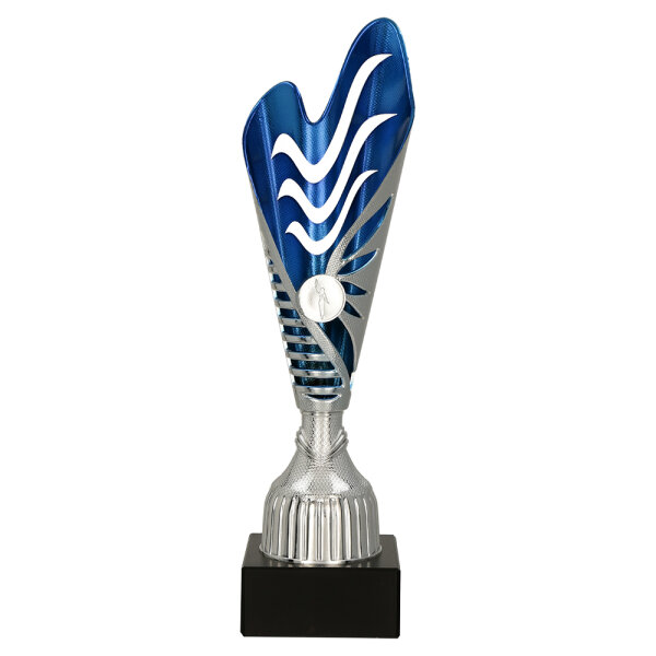 Pokal Claro, silber/blau, 3 Größen, mit Logo oder Sportmotiv
