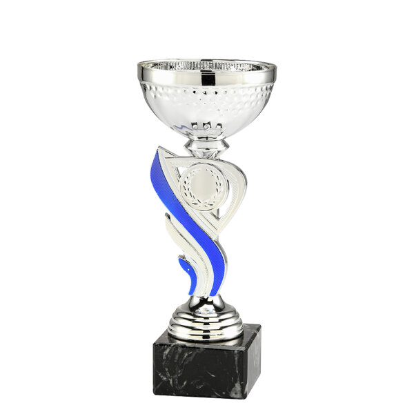 RESTPOSTEN: Pokal Birk, silber/blau, 3 Größen, mit Logo oder Sportmotiv