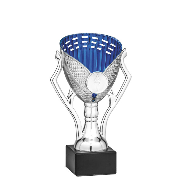 Pokal Alvaro, silber/blau, 3 Größen, mit Logo oder Sportmotiv