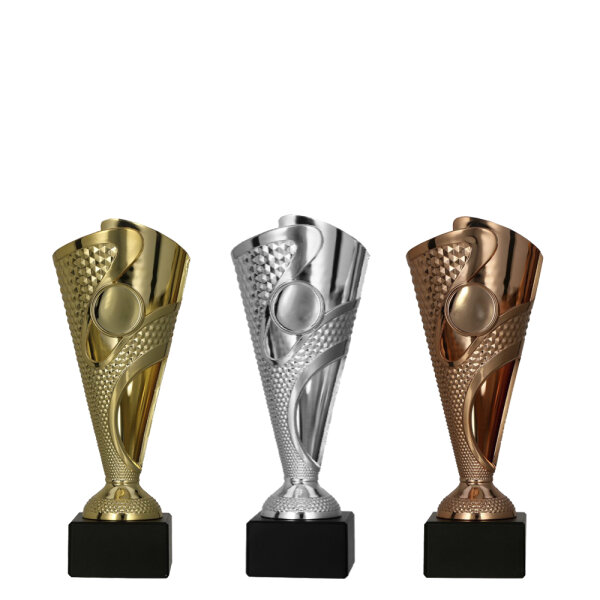 Pokal Hannes, gold/silber/bronze, 17 cm, mit Logo oder Sportmotiv