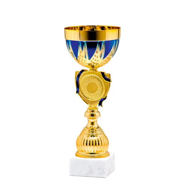 Pokal Mattis, gold/blau, 3 Größen, mit Logo oder Sportmotiv