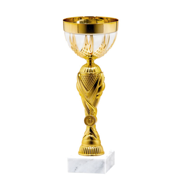 Pokal Denise, gold/weiß, 4 Größen, mit Logo oder Sportmotiv