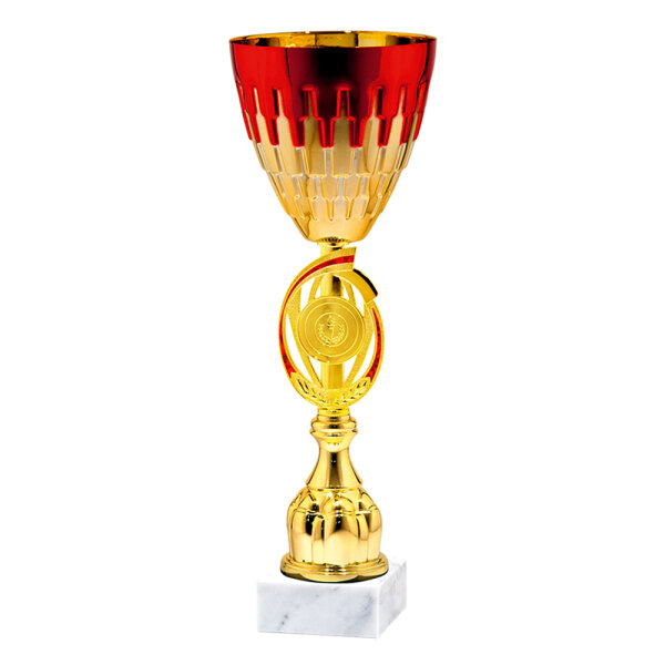 Pokal Lorenzo, gold/rot, 3 Größen, mit Logo oder Sportmotiv