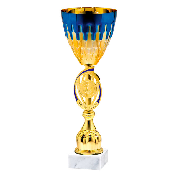 Pokal Lorenzo, gold/blau, 3 Größen, mit Logo oder Sportmotiv